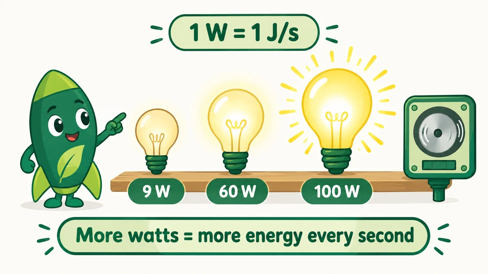 灯泡瓦数对比：9 W、60 W、100 W