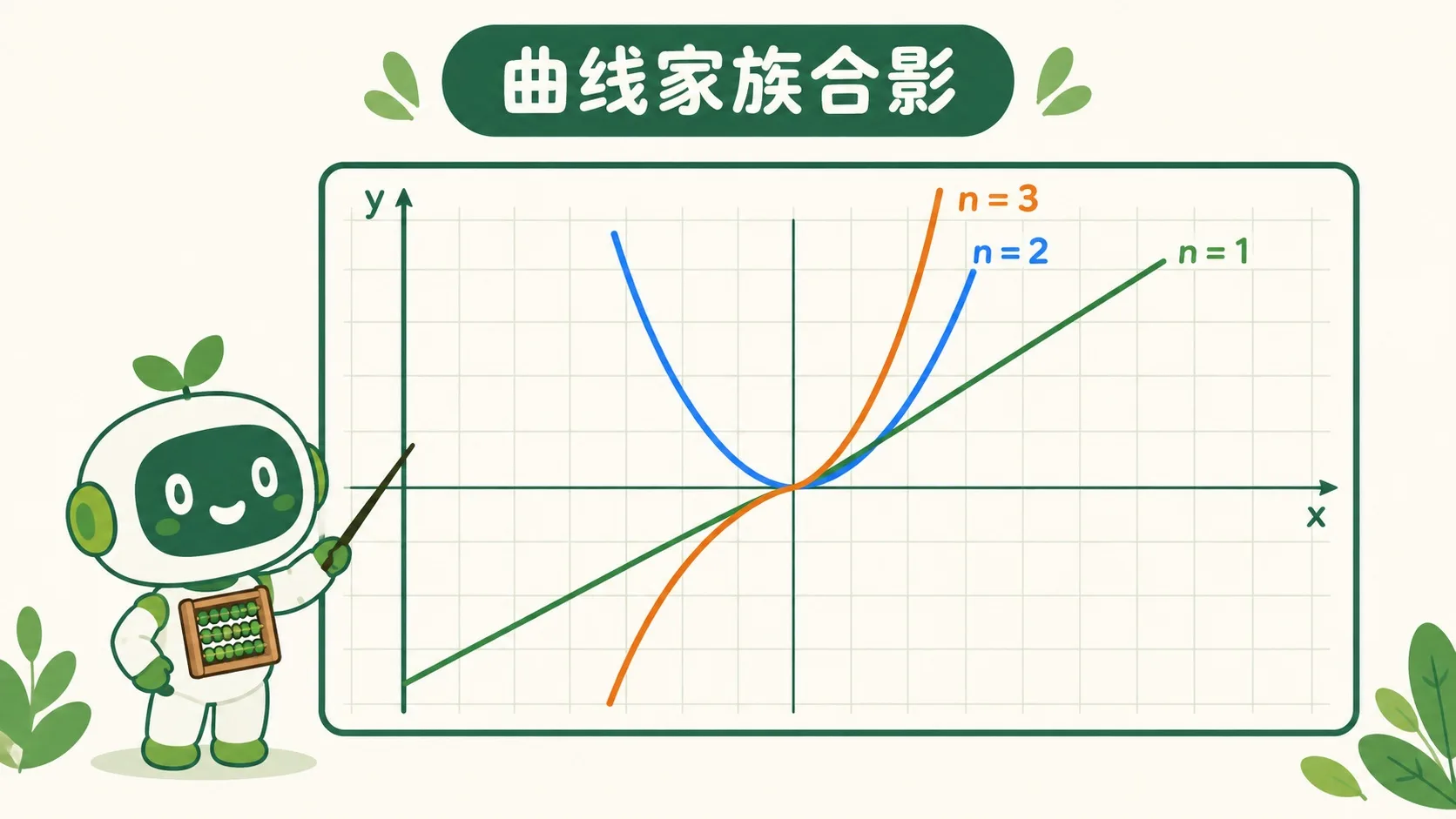曲线家族合影：n = 1 直线、n = 2 抛物线、n = 3 更陡的 S 形