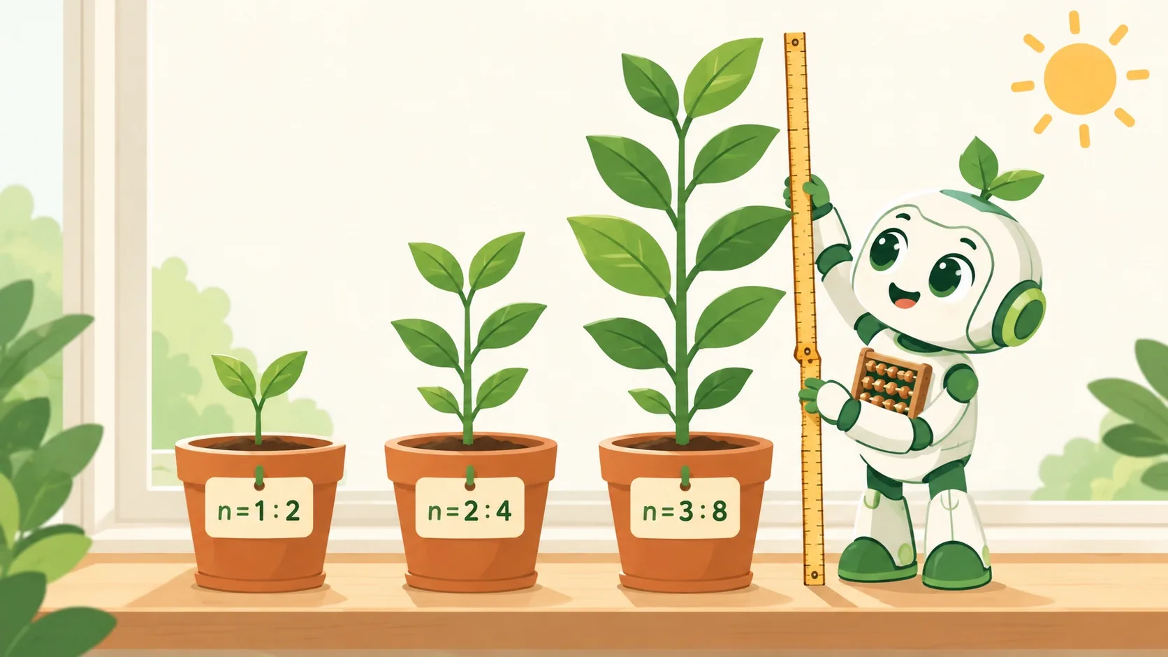 长高对比：n = 1：2、n = 2：4、n = 3：8