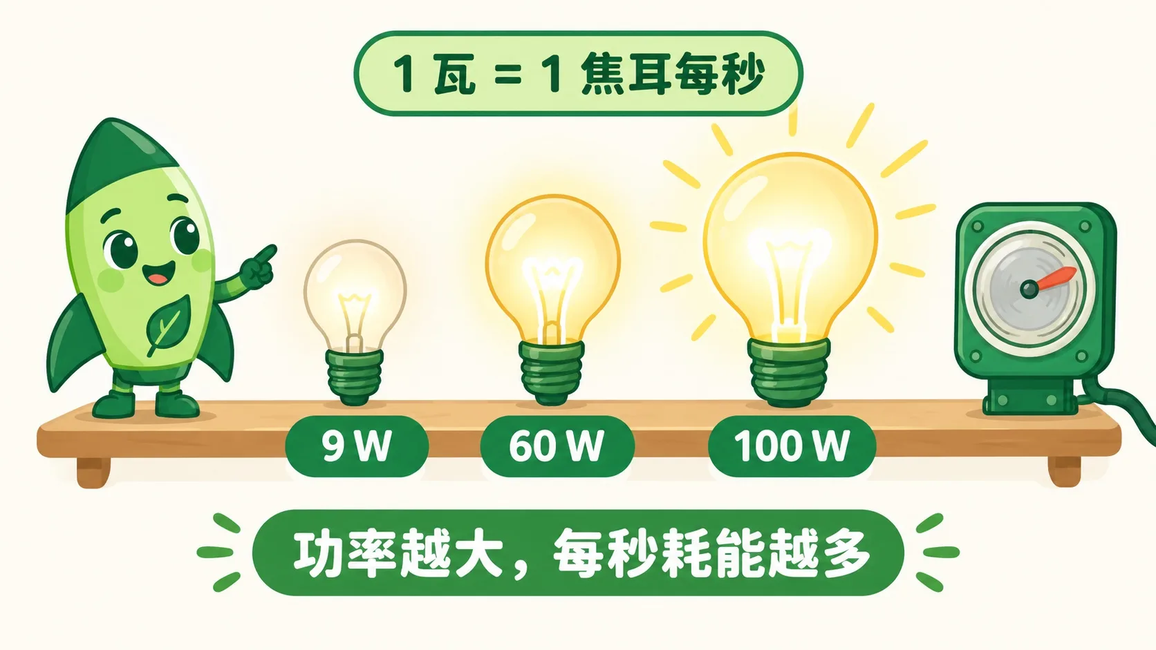 灯泡瓦数对比：9 W、60 W、100 W