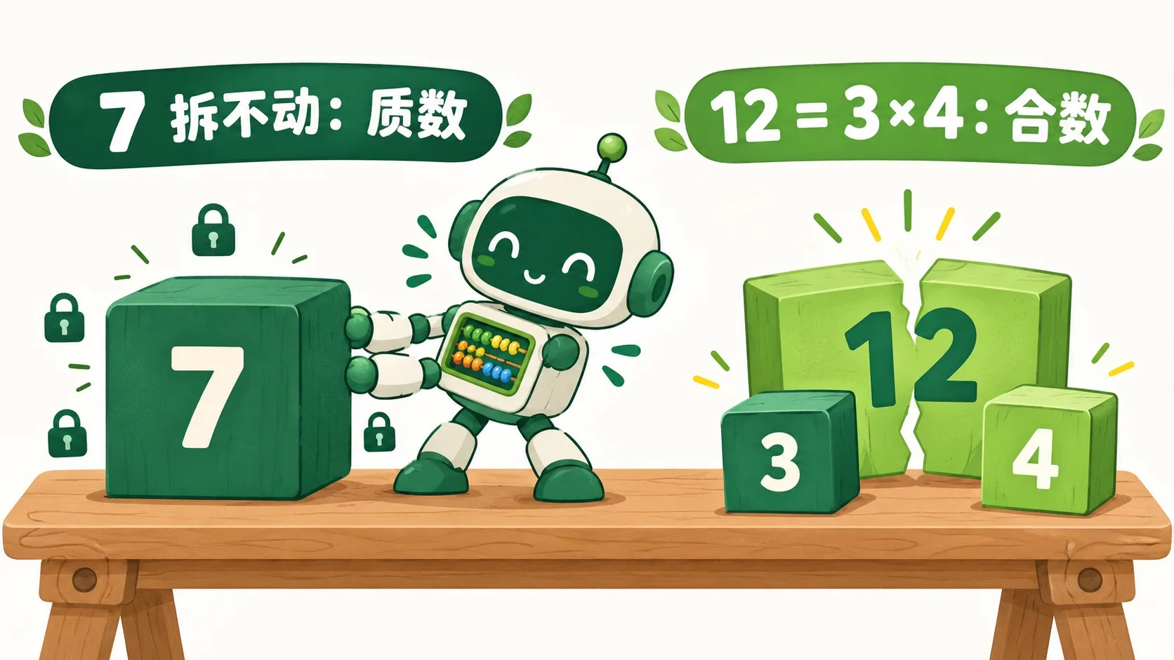 7 拆不动是质数，12 拆成 3 × 4 是合数