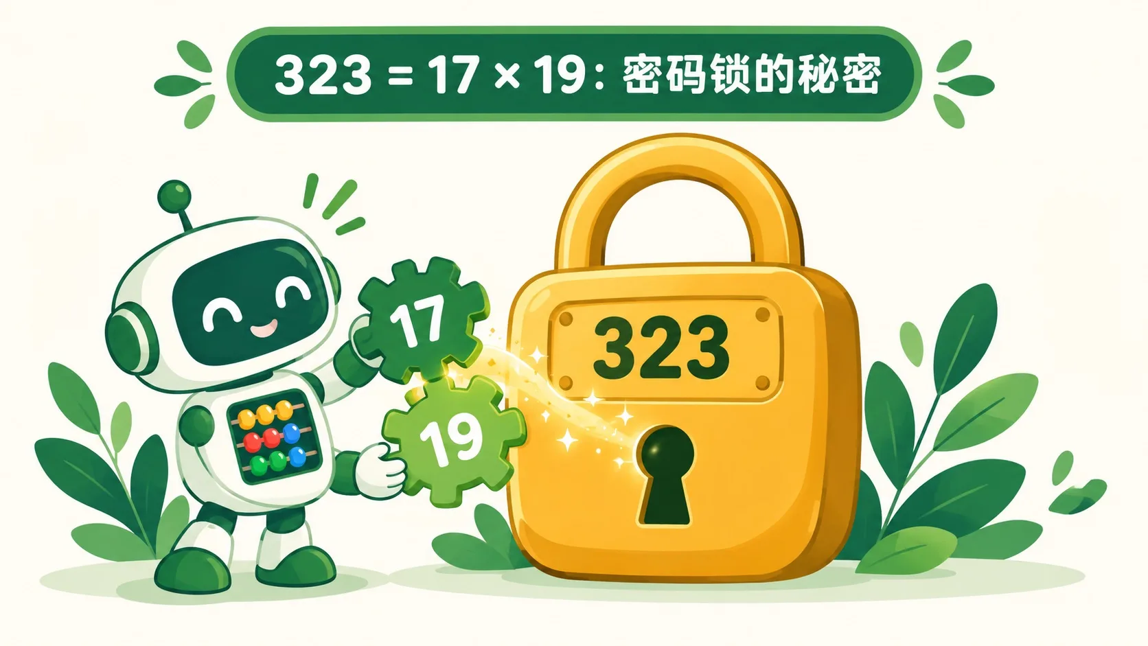 密码锁：323 = 17 × 19，大数拆回质数很难