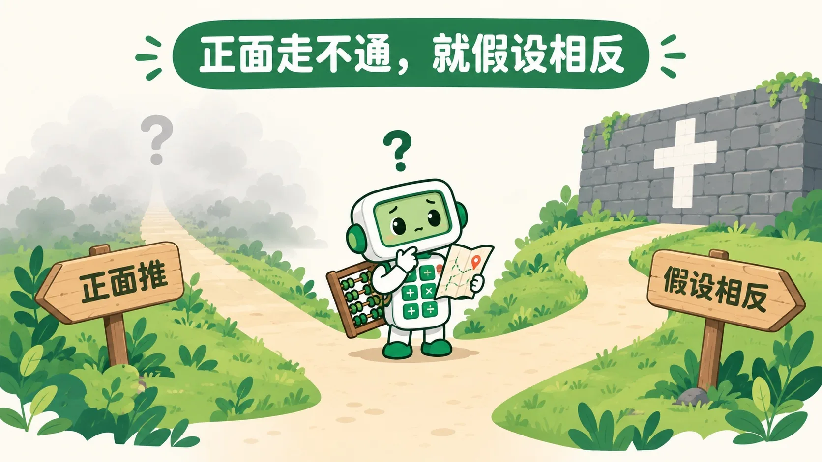 岔路口：一条路「正面推」通向迷雾，一条路「假设相反」通向一堵墙