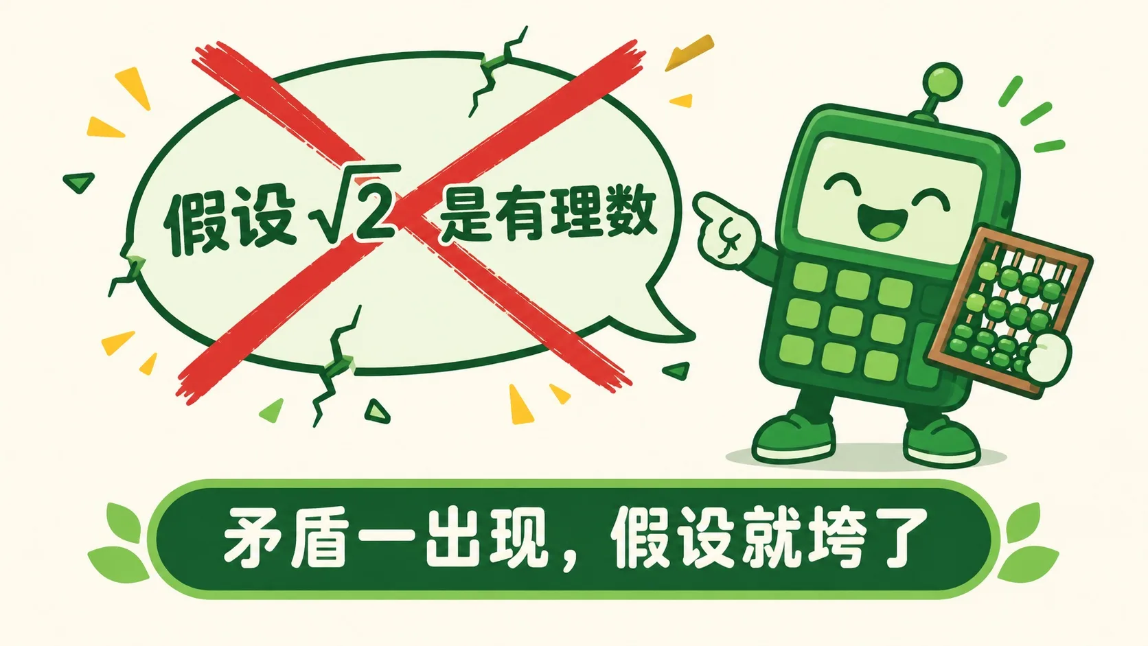 写着「假设 √2 是有理数」的气泡被大叉划掉