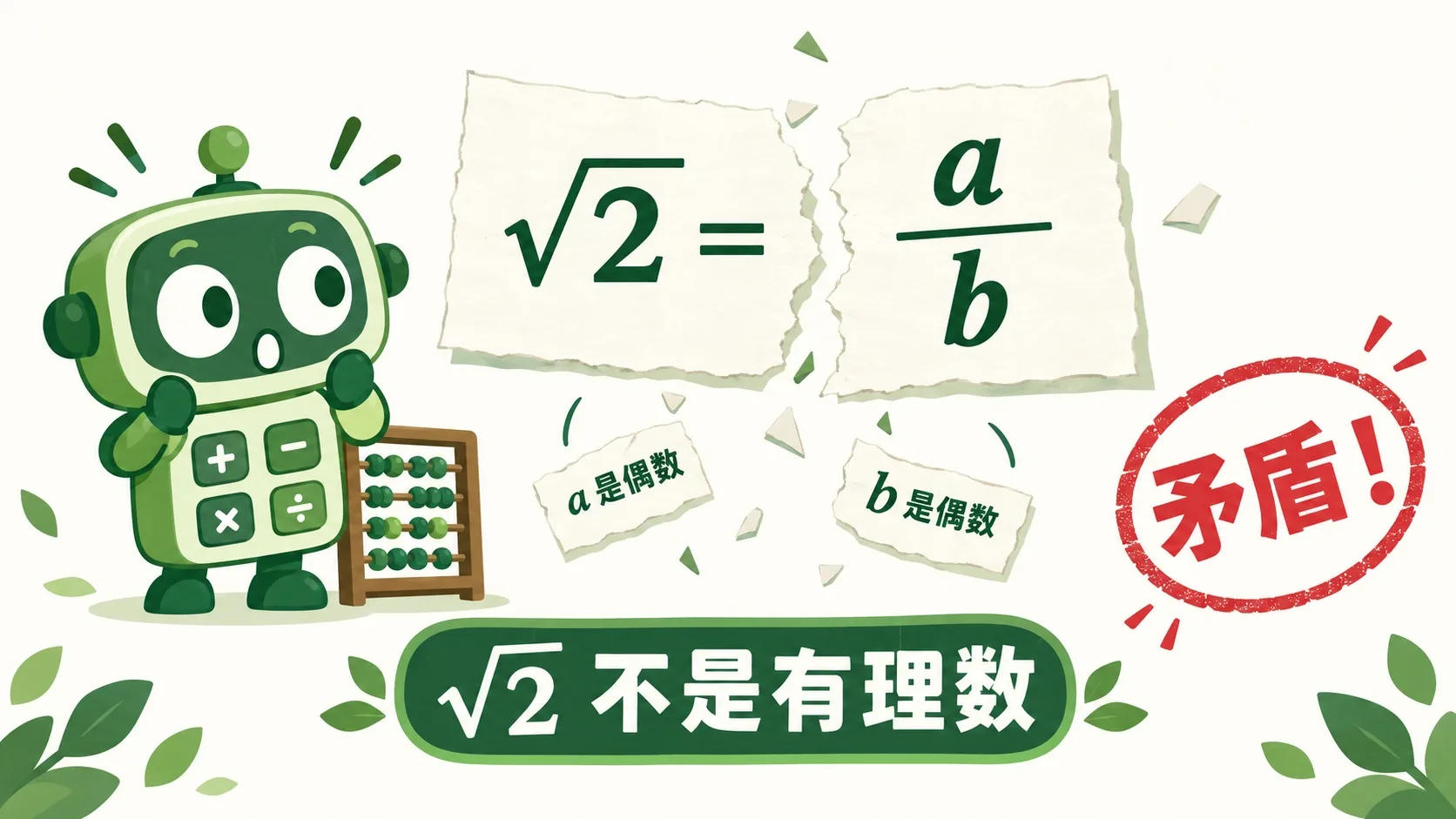 写着 √2 = a/b 的纸条被撕碎，碎片上写着 a 是偶数、b 是偶数，印章写着矛盾！