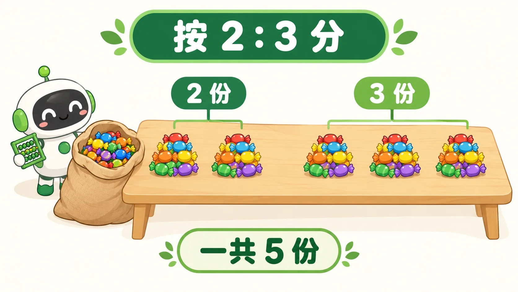 糖果按 2:3 分成两堆与三堆