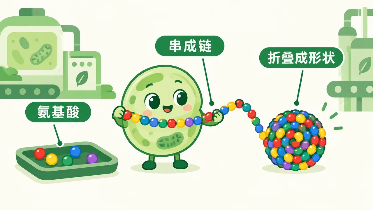 氨基酸珠子串成链，再折叠成形状