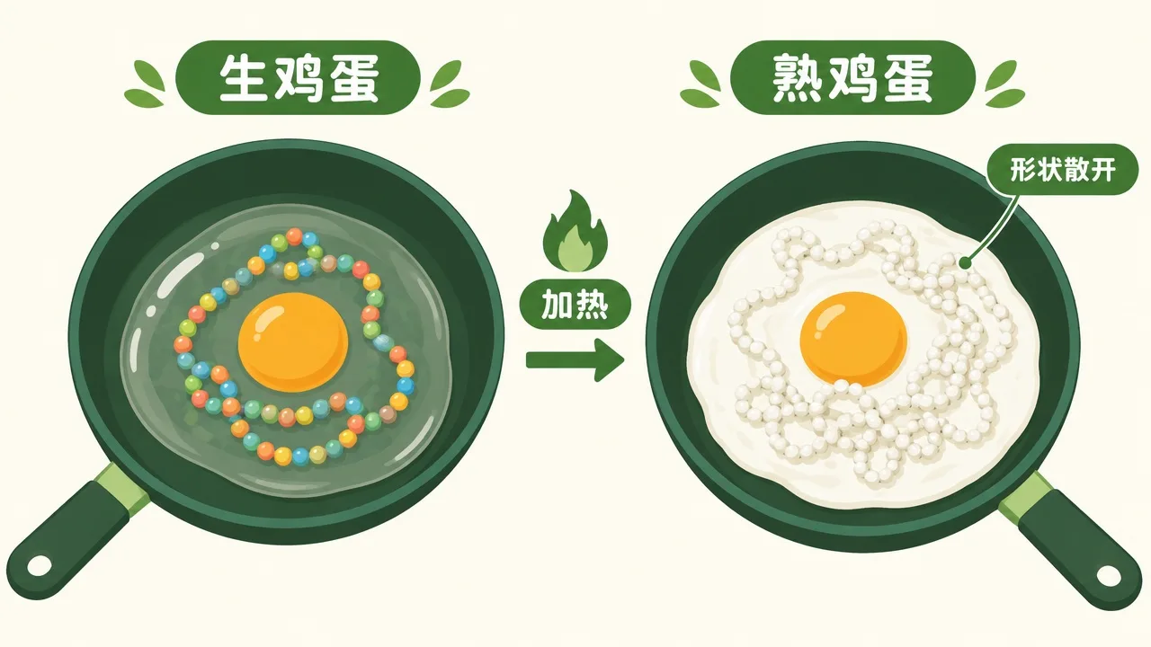 鸡蛋煮熟：蛋白质变性，形状散开