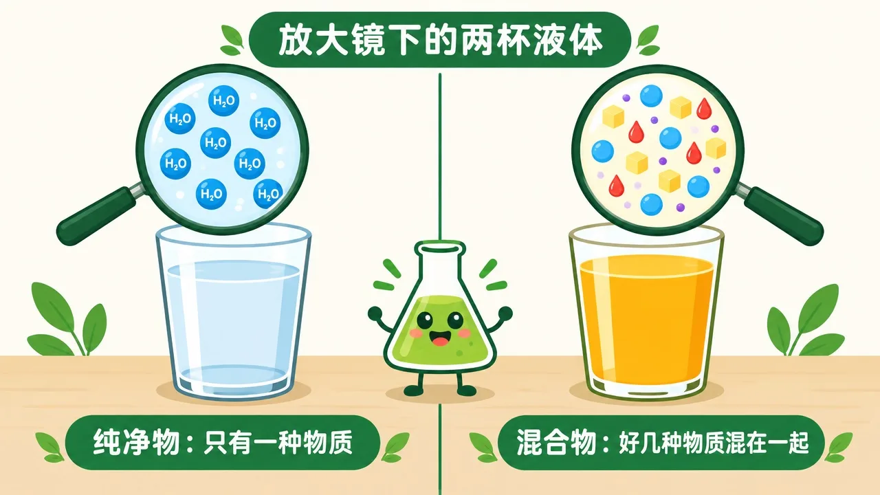 放大镜下的清水与果汁：纯净物 vs 混合物