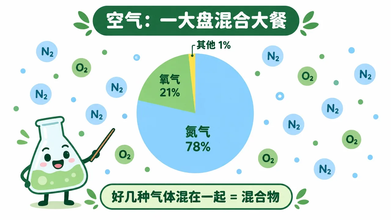 空气成分饼图：氮气 78%、氧气 21%、其他 1%