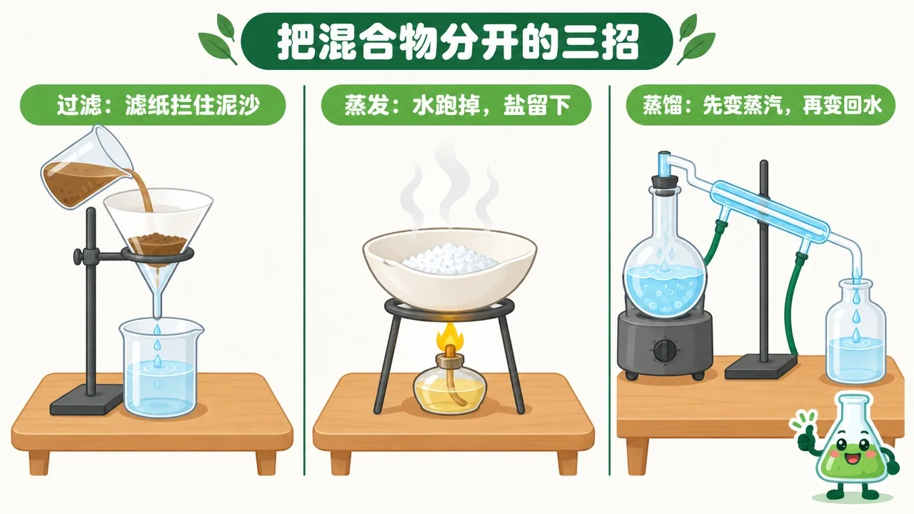 把混合物分开的三招：过滤、蒸发、蒸馏
