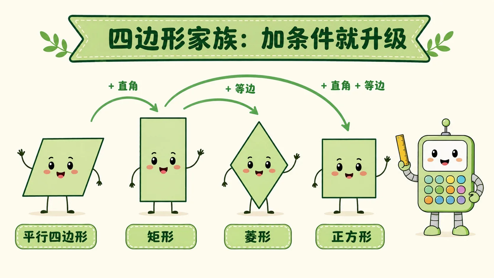 四边形家族四兄弟：平行四边形、矩形、菱形、正方形