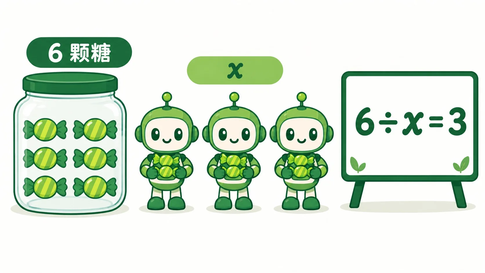 6 颗糖分给 x 个机器人，每人 6 ÷ x 颗