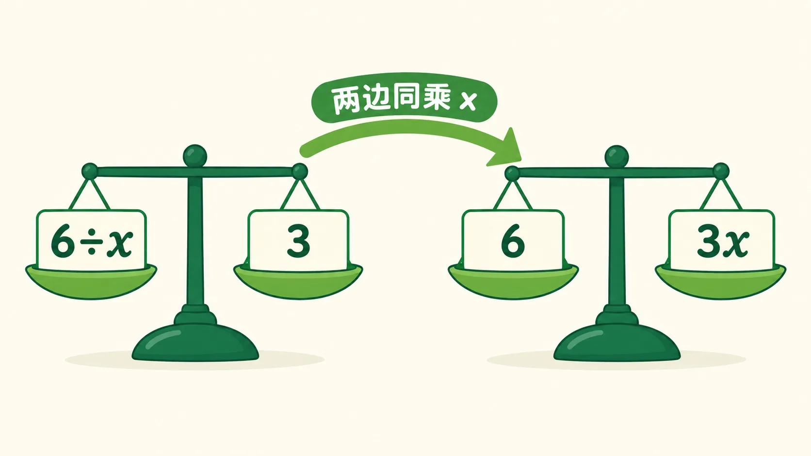天平两边同乘 x：6 ÷ x = 3 变成 6 = 3x