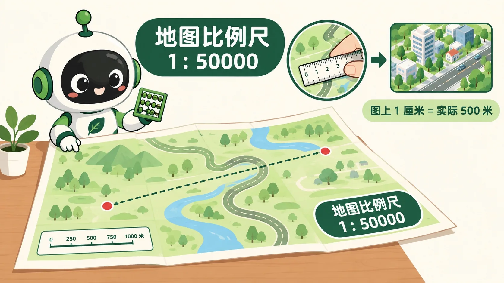 地图比例尺 1:50000：图上 1 厘米 = 实际 500 米