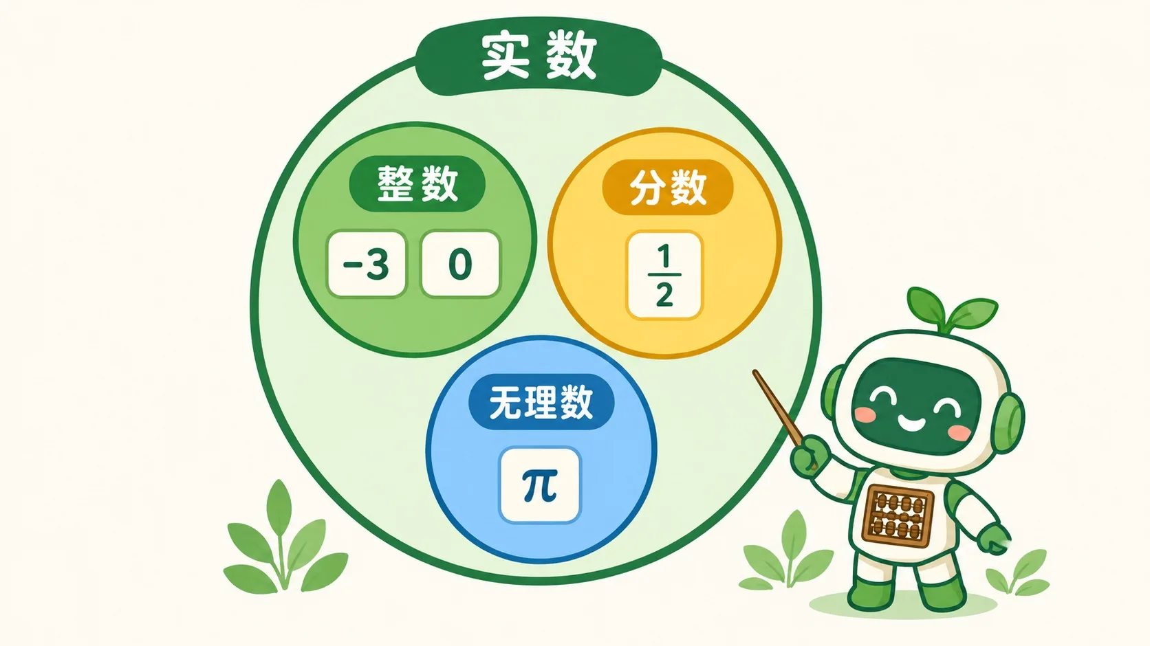 整数、分数、无理数三色圆环，外面套着实数