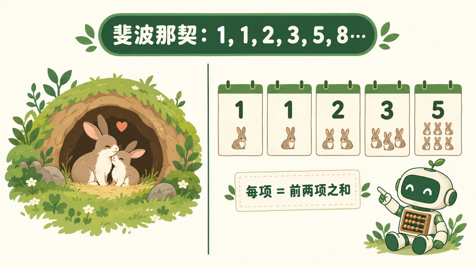 斐波那契兔子：每项 = 前两项之和