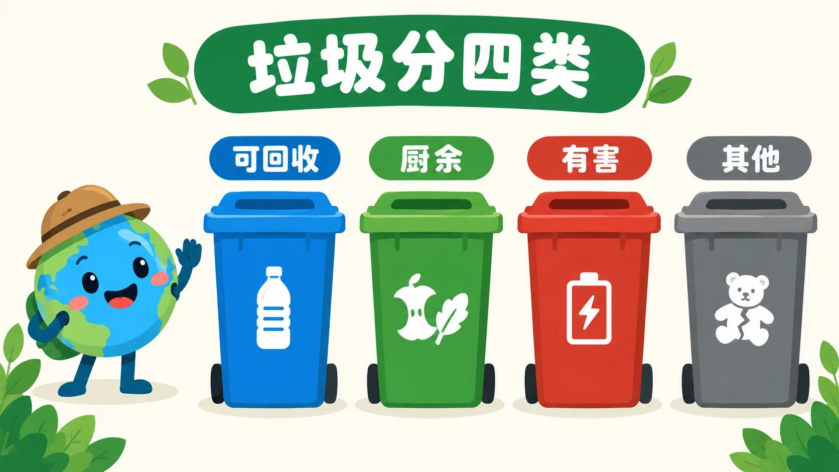 四色垃圾桶：可回收、厨余、有害、其他