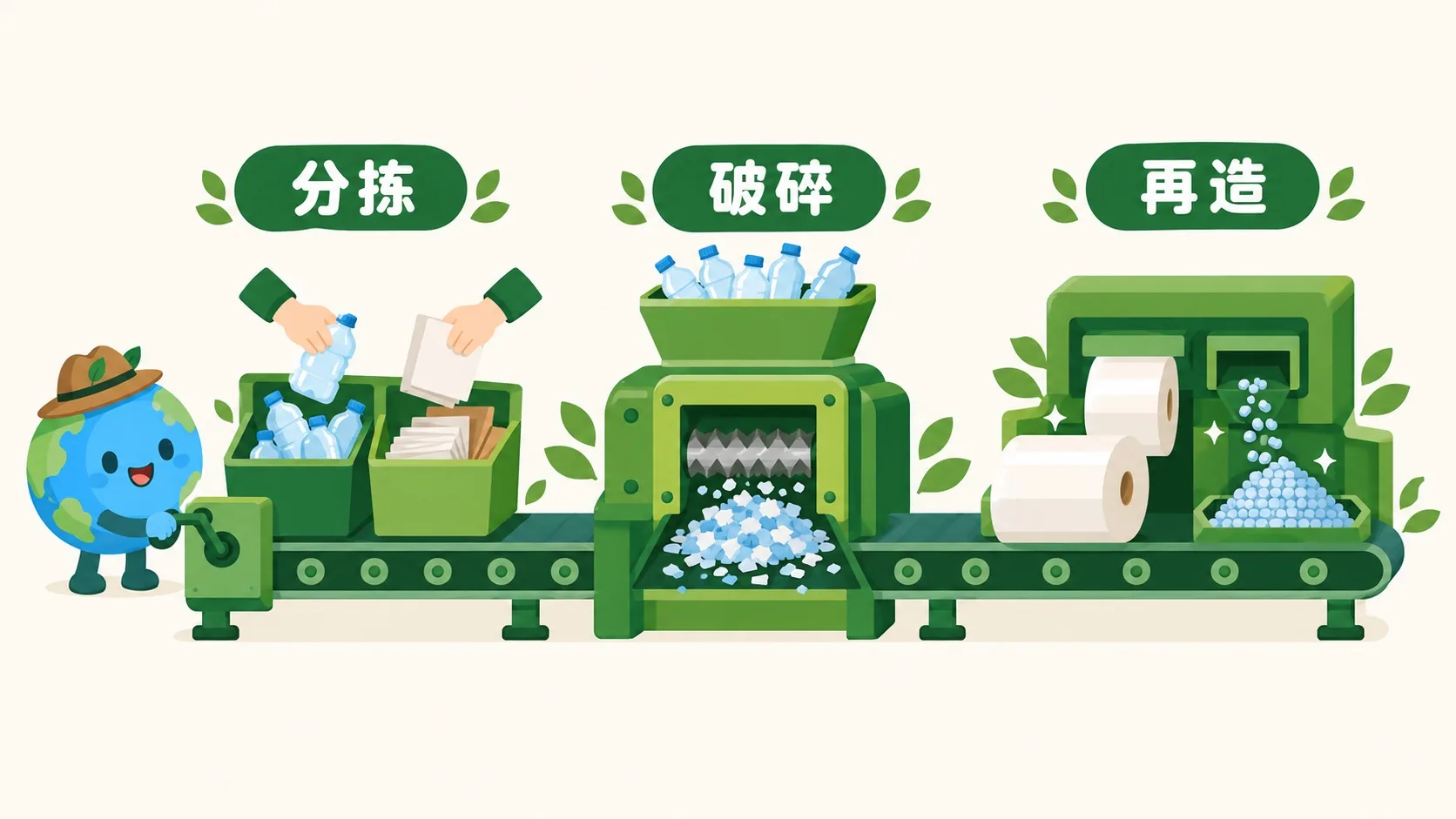 回收三站：分拣、破碎、再造