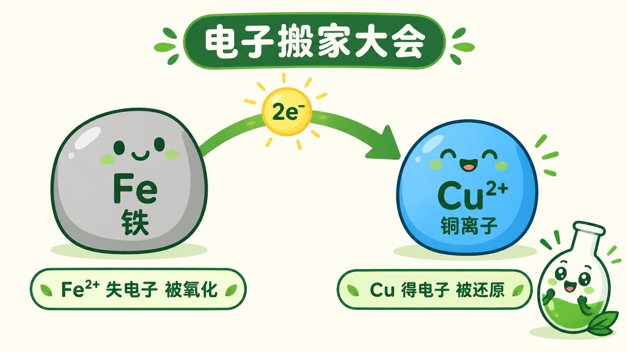 电子从 Fe 飞向 Cu²⁺：失电子被氧化，得电子被还原