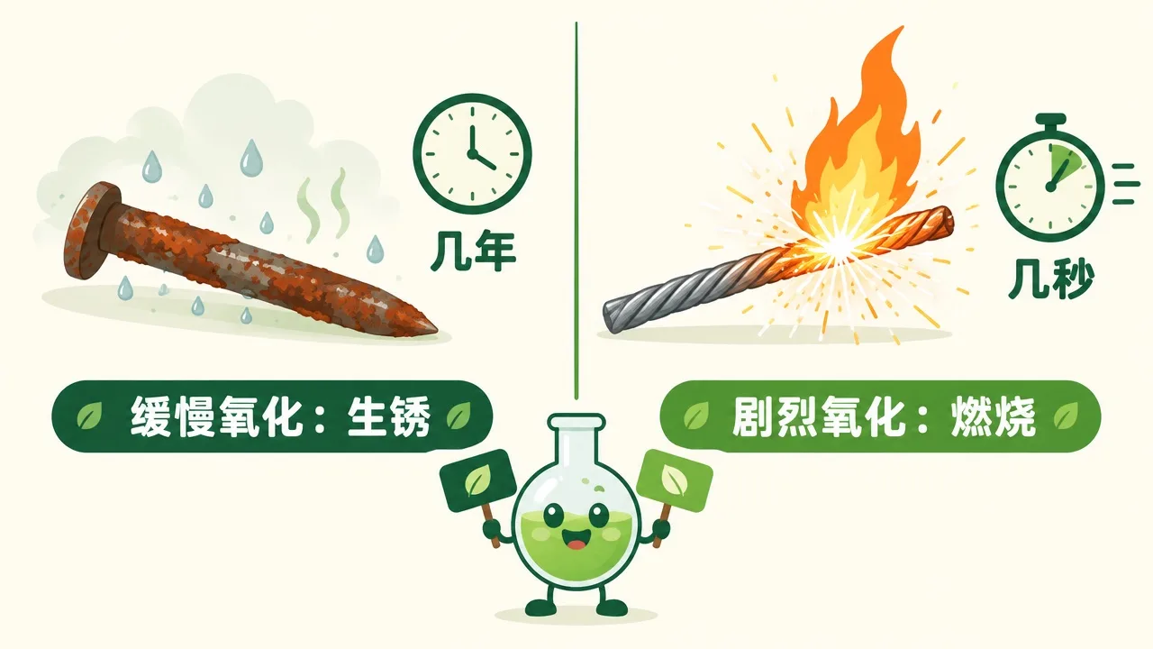 铁生锈（缓慢氧化）对比铁丝燃烧（剧烈氧化）