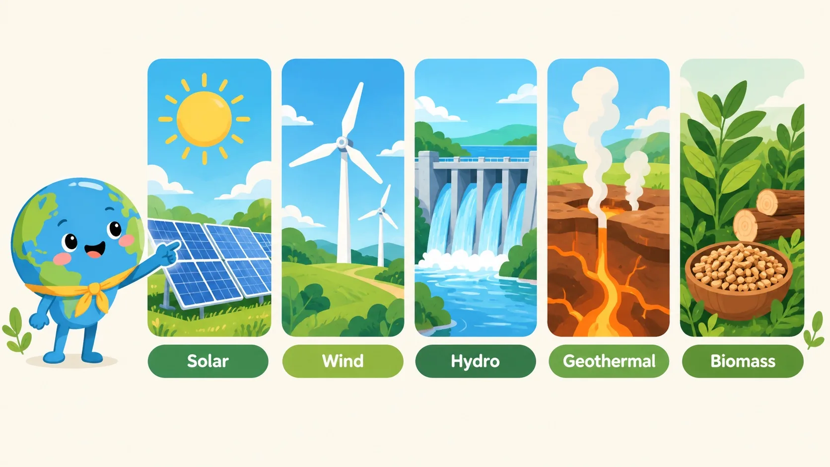 五种可再生能源：太阳能风能水能地热能生物质能