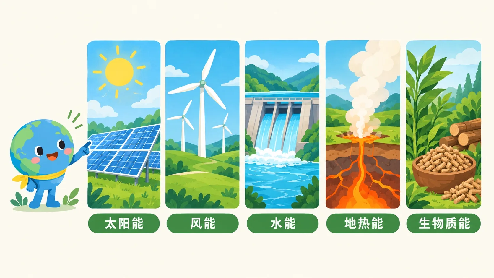五种可再生能源：太阳能风能水能地热能生物质能