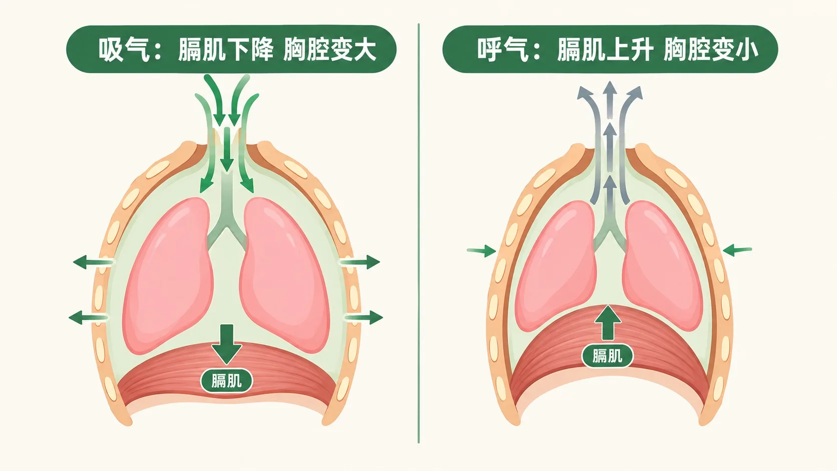 膈肌呼吸原理：吸气压低呼气上升