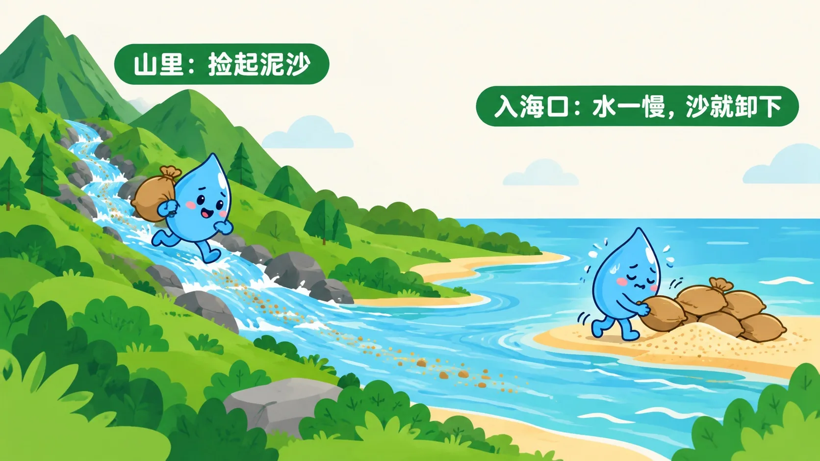 小河上游扛泥沙，入海口水变慢卸下泥沙