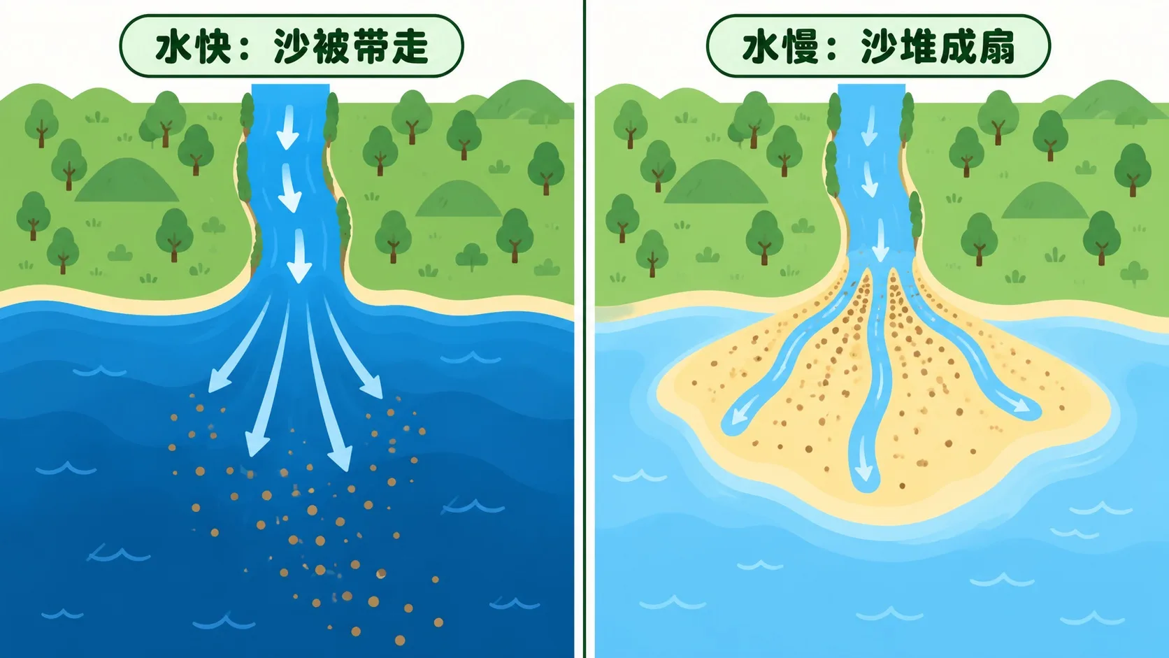 水快沙被带走与水慢沙堆成扇的对比
