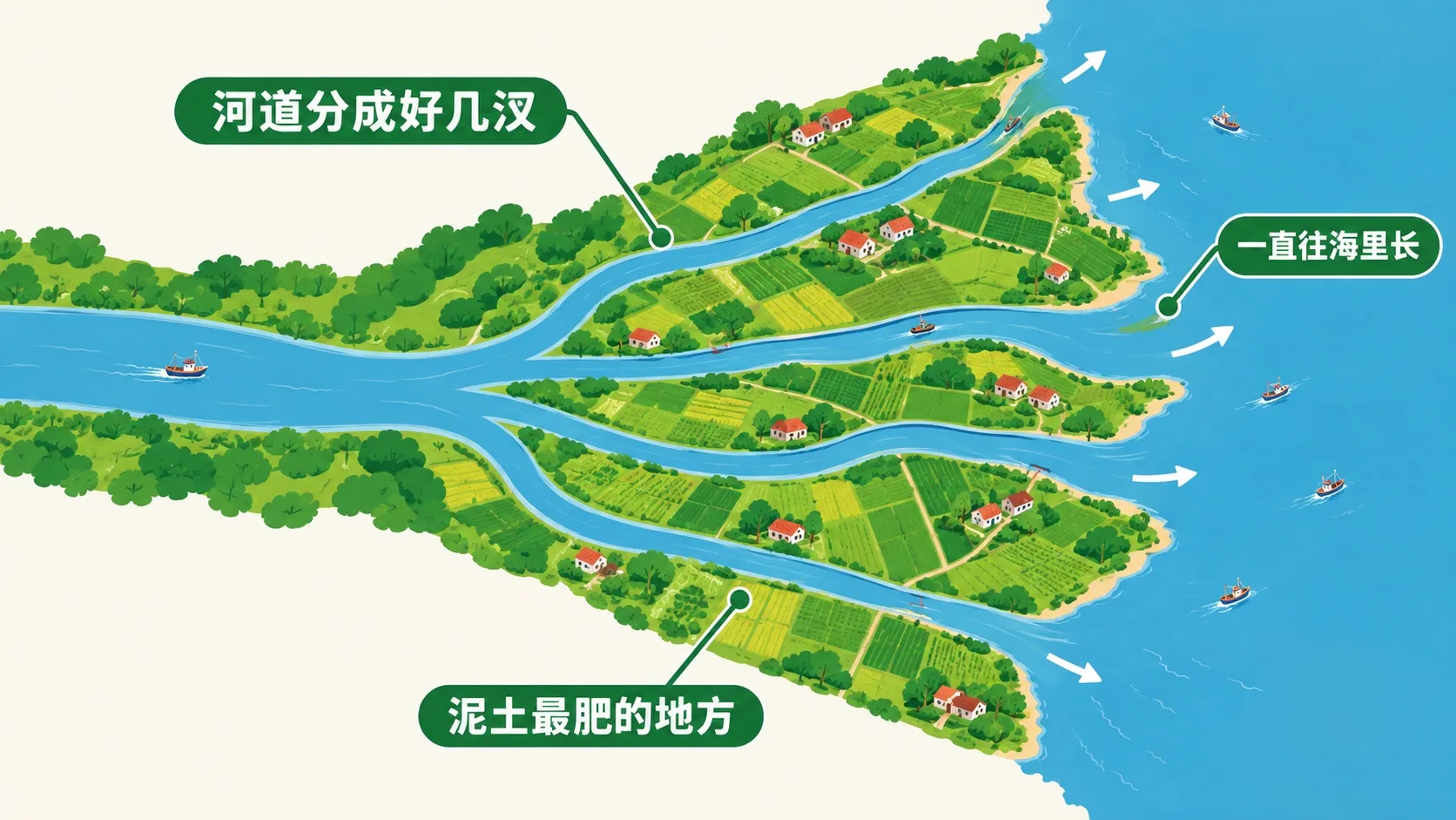 三角洲上分汊的河道、农田村庄与向海生长的边缘
