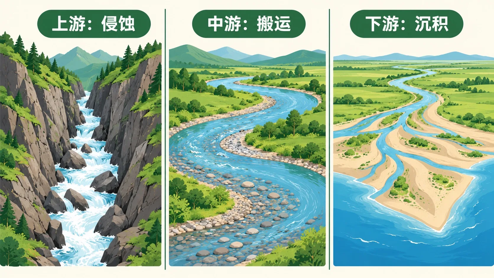 河流三段：上游侵蚀、中游搬运、下游沉积