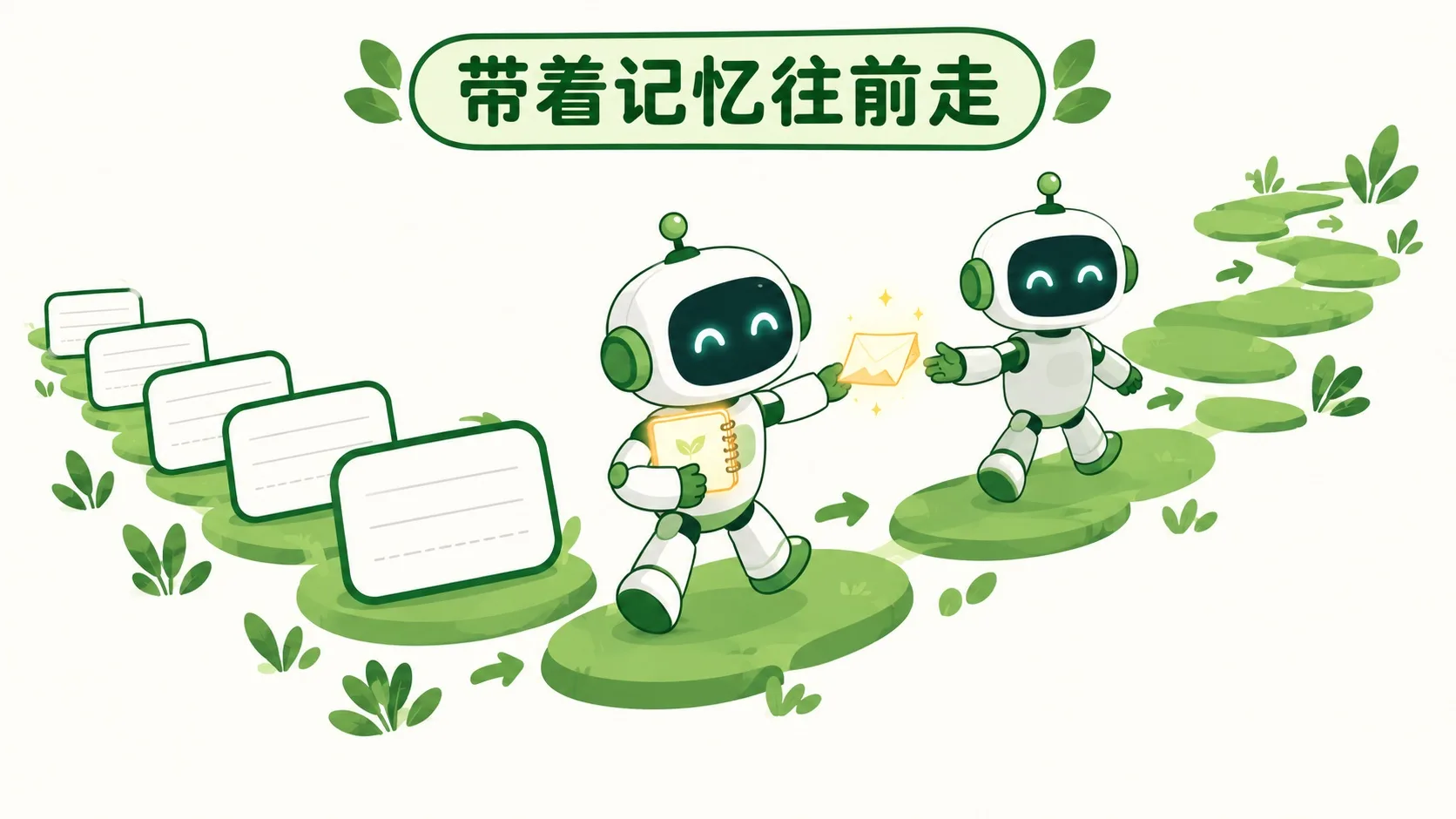 小机器人抱着笔记本，把记忆纸条传给下一步