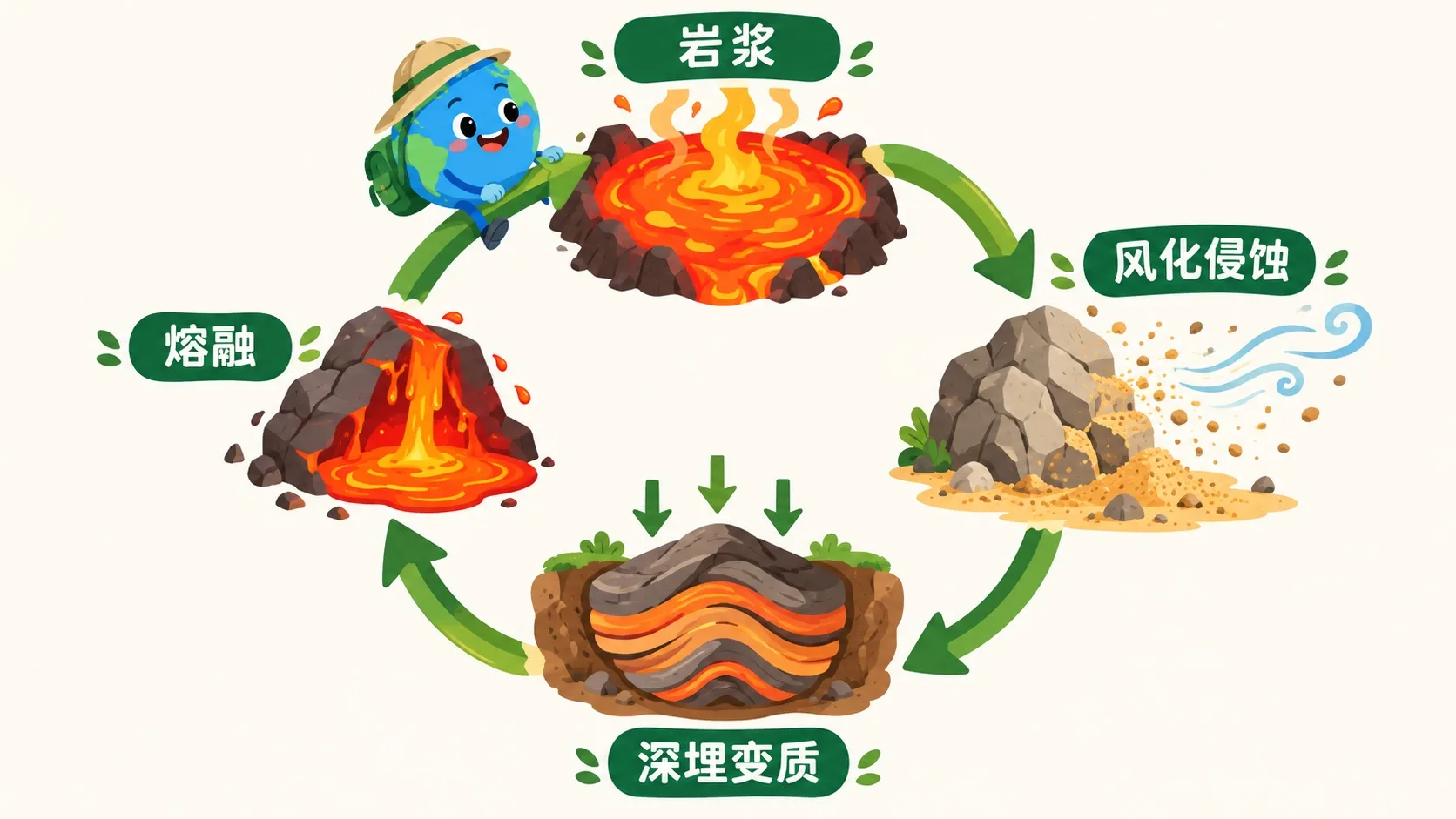 岩石循环圈：熔融风化深埋箭头