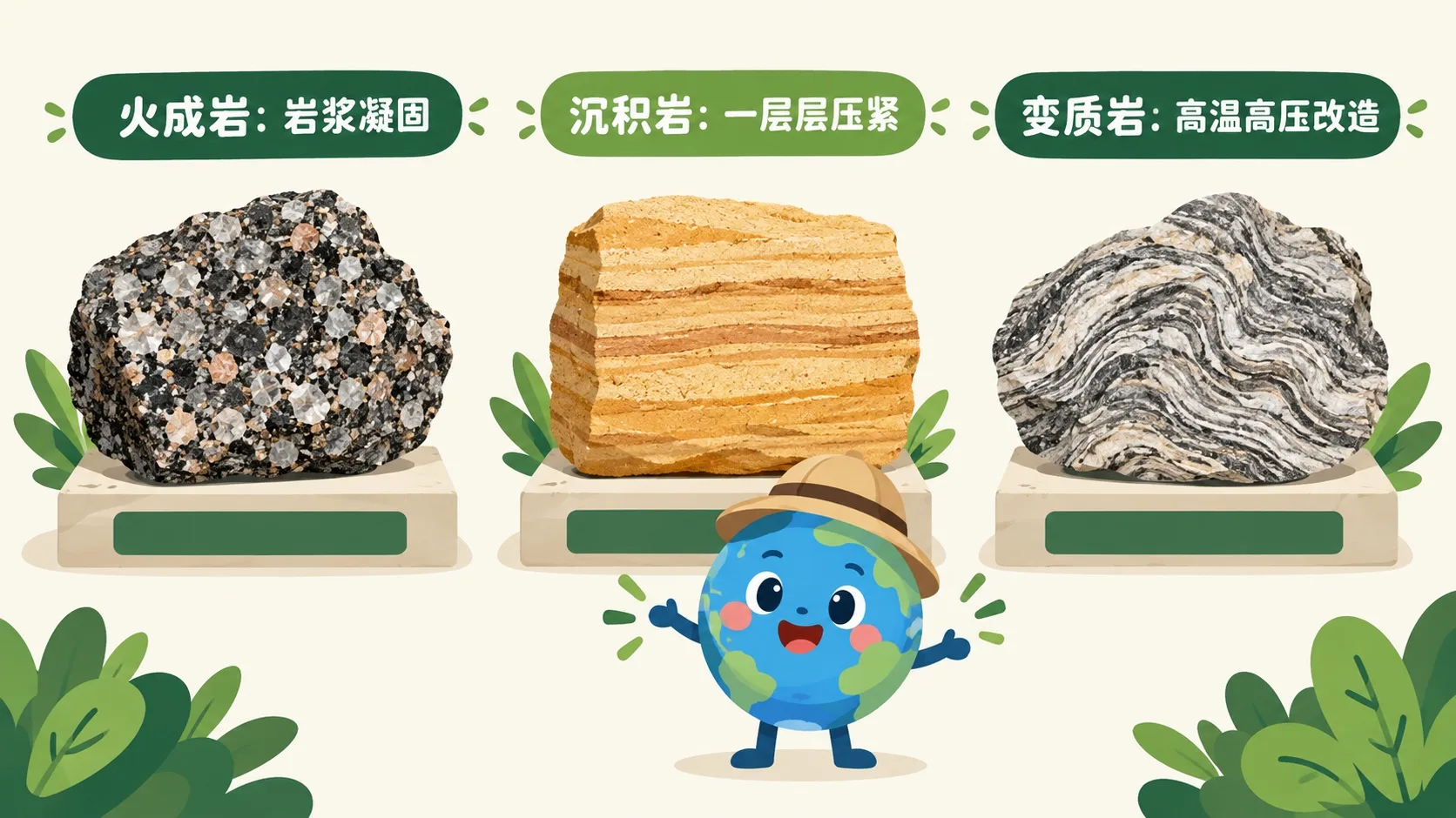三类岩石标本对比