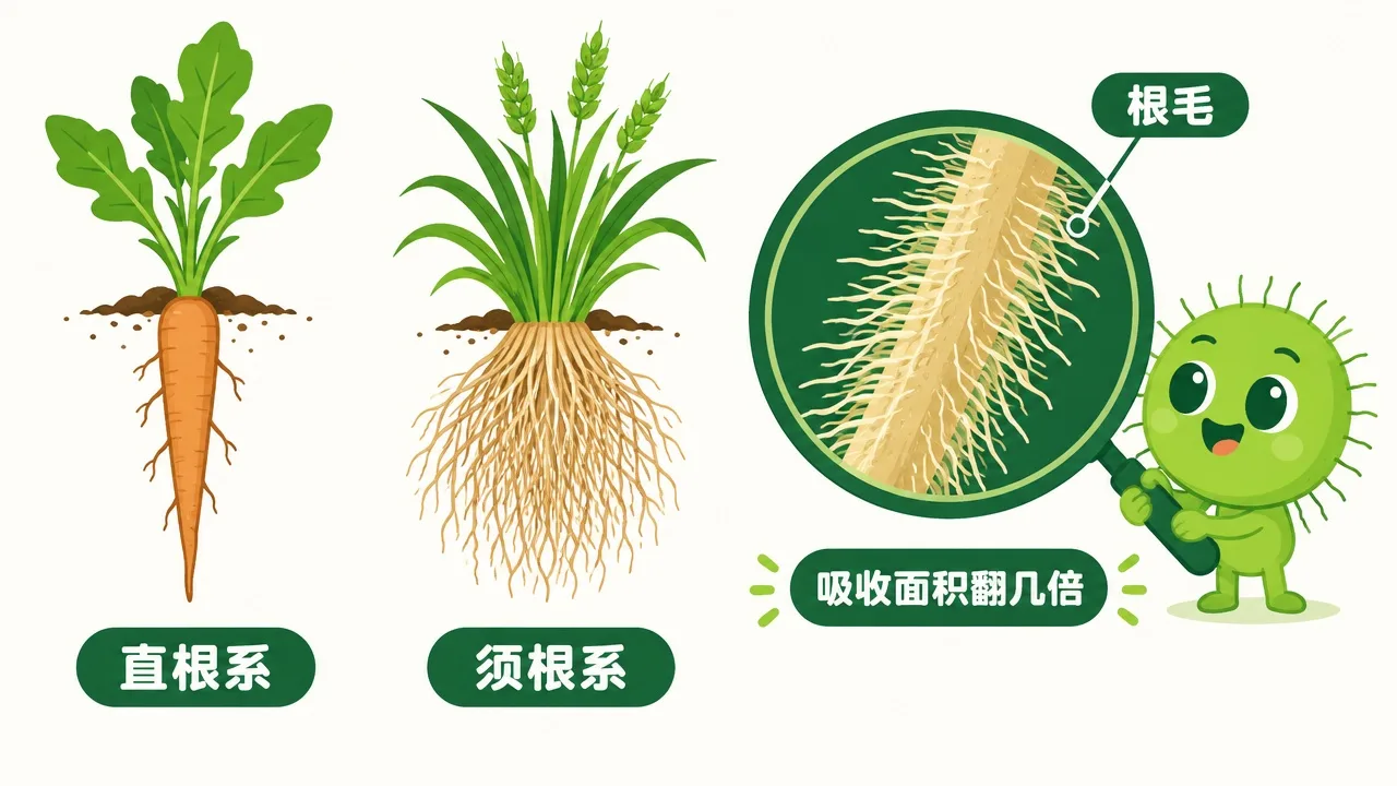 直根系、须根系与根毛放大对比