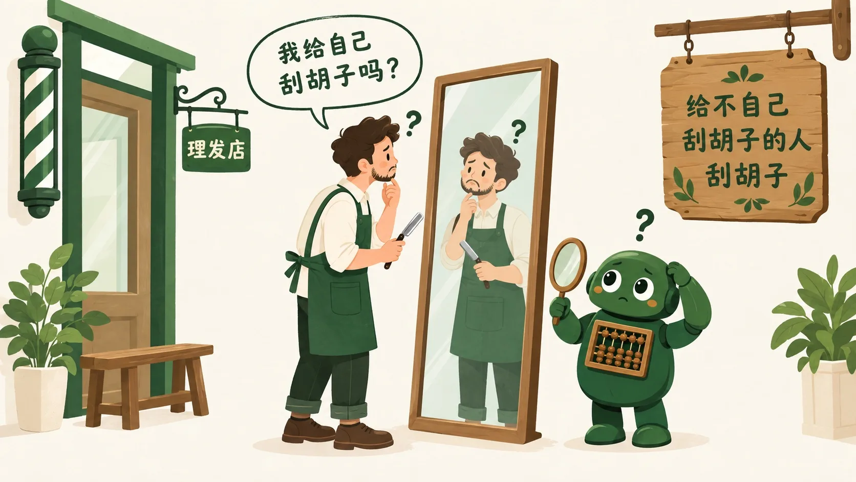 理发师照着镜子纠结：我给自己刮胡子吗？