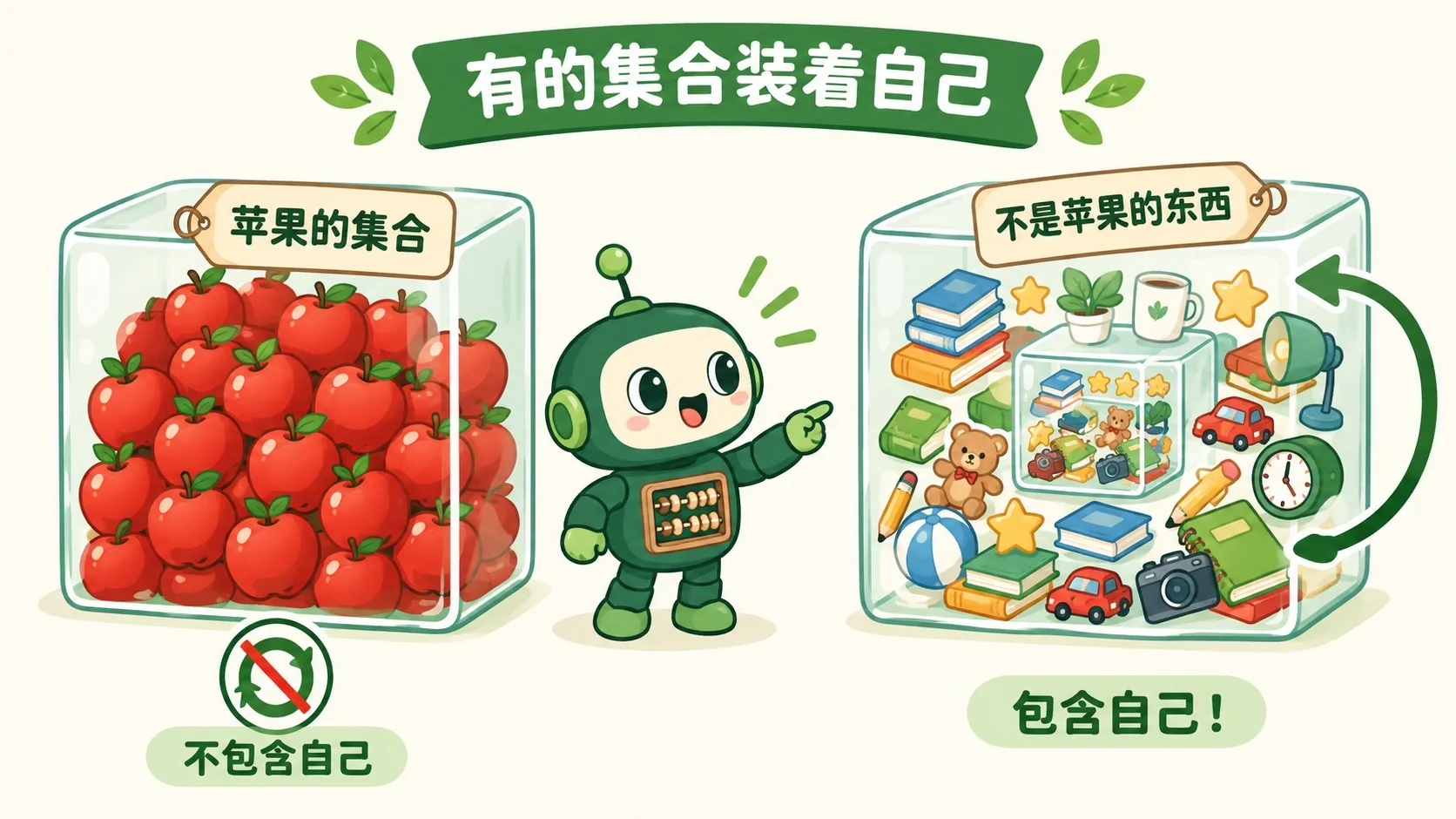 两个盒子：苹果的集合不包含自己，不是苹果的东西的集合包含自己