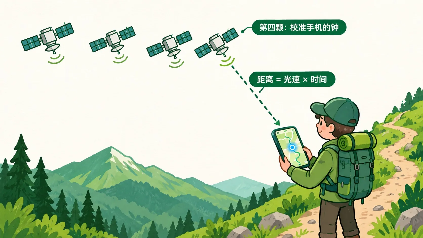 徒步者手机屏幕上的蓝点与天上的四颗卫星
