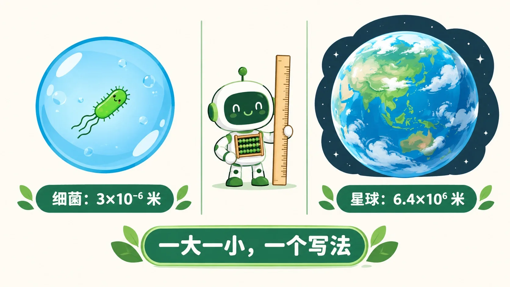 细菌 3×10⁻⁶ 米 与 星球 6.4×10⁶ 米