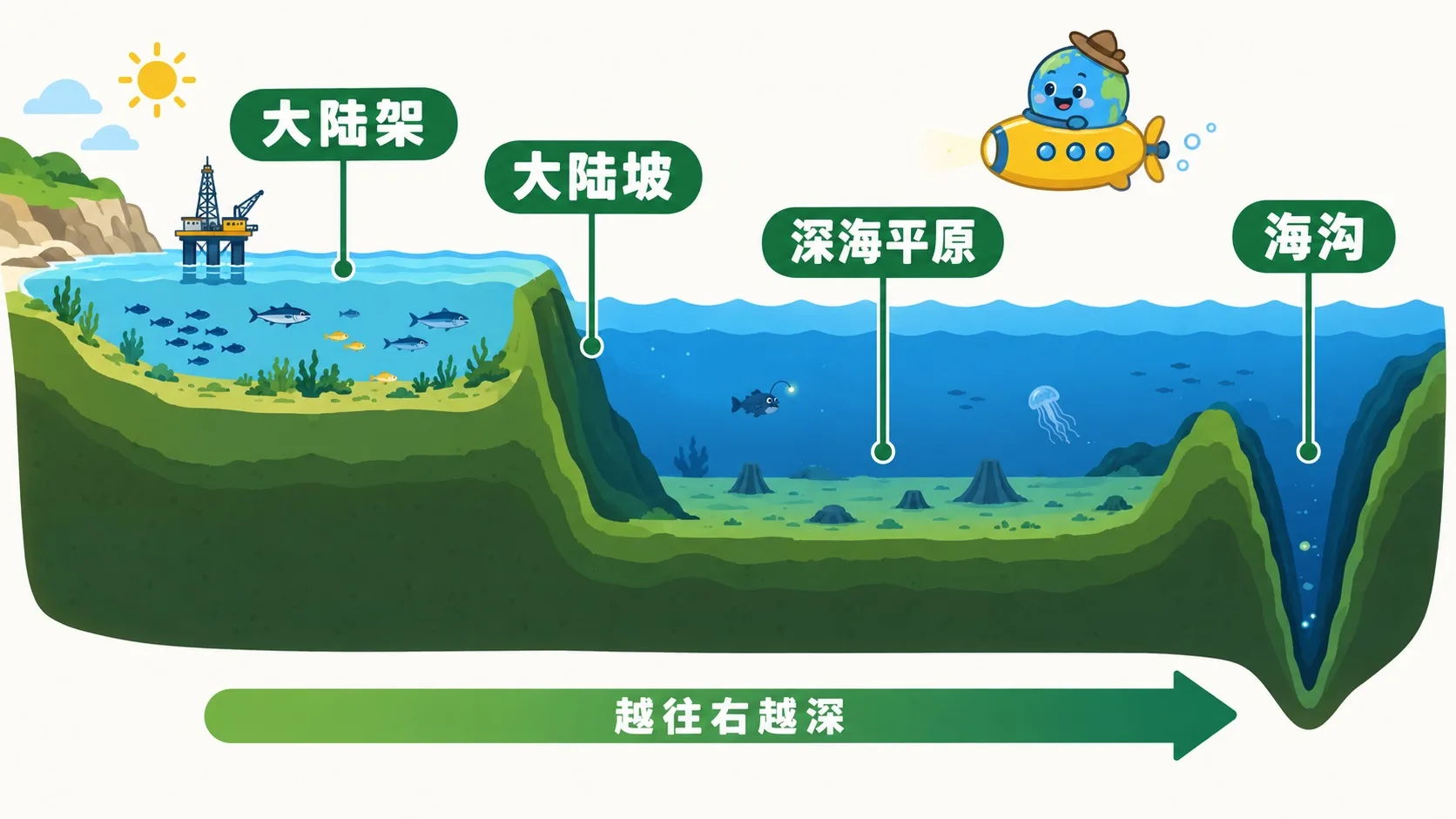 海底剖面：大陆架大陆坡深海平原海沟