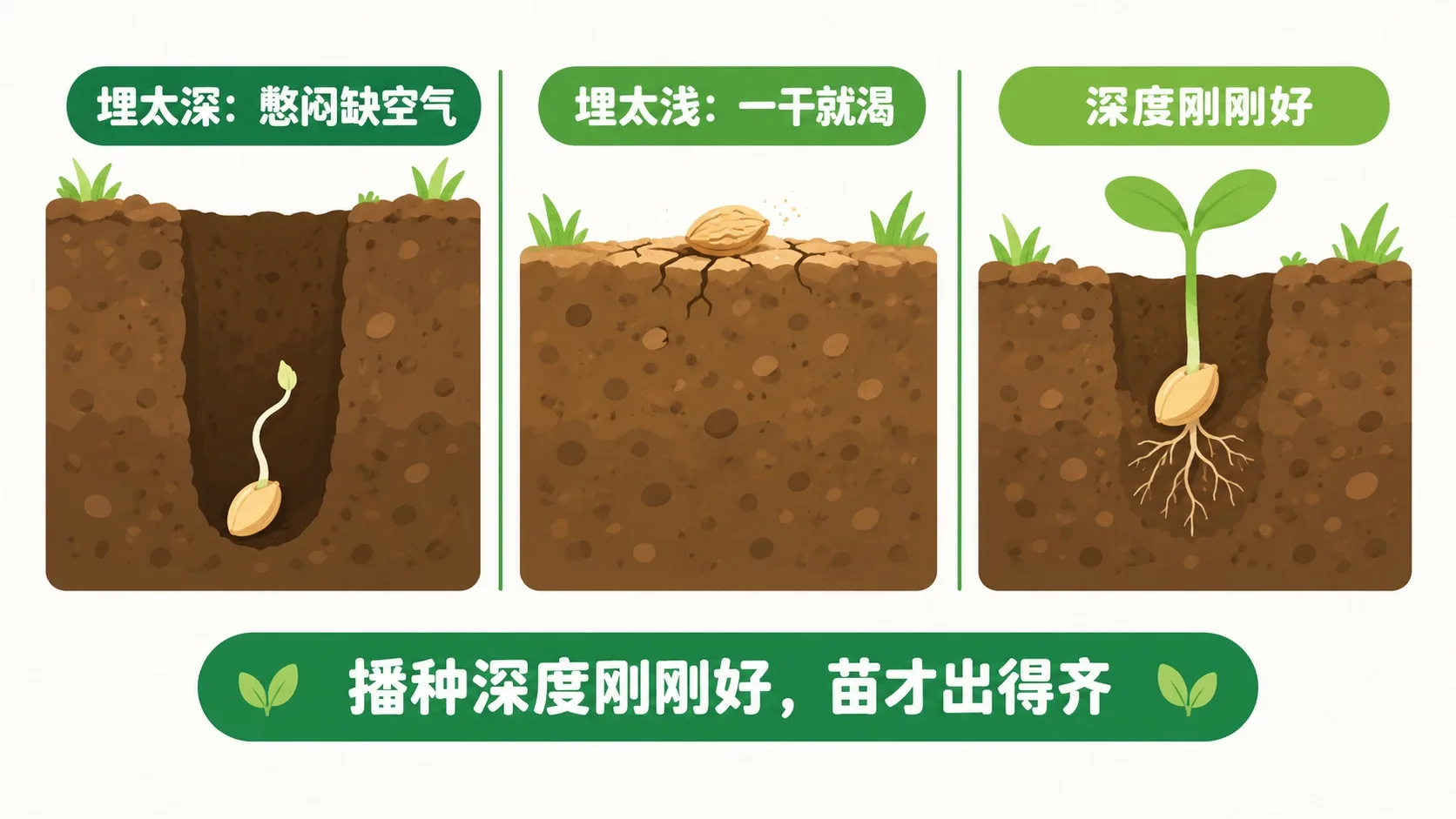 播种深度对比：太深/太浅/刚刚好
