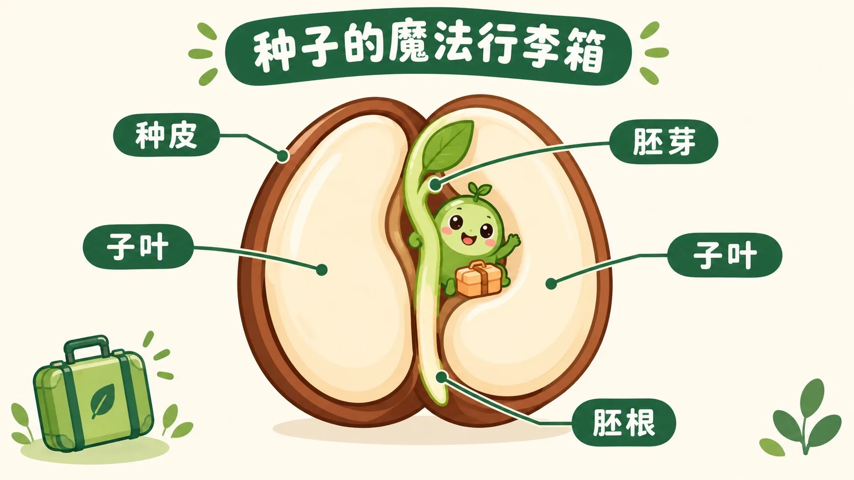 种子剖面：种皮、子叶、胚芽与胚根
