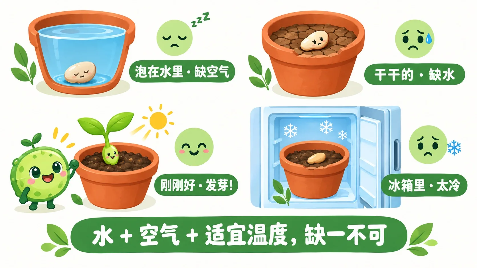 萌发四格对照实验：水、空气、适宜温度缺一不可