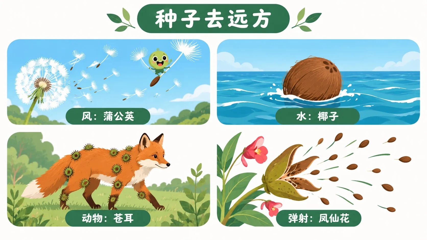 种子传播四格：风、水、动物、弹射