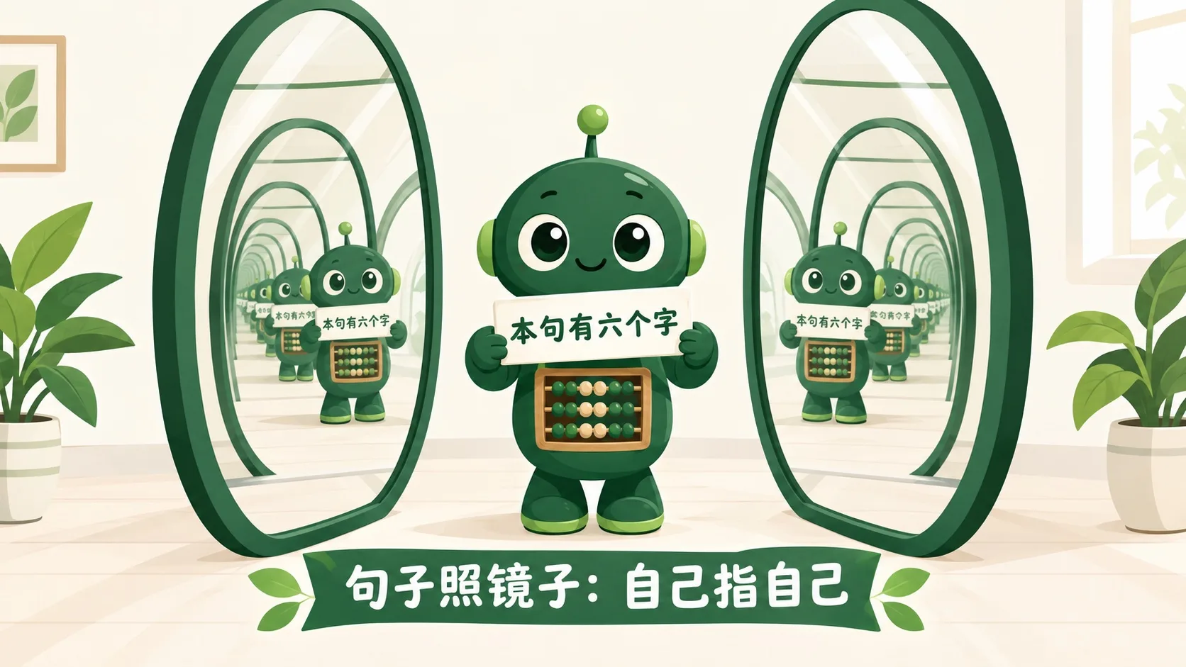 两面镜子对拍出无限走廊，机器人举着「本句有六个字」的卡片