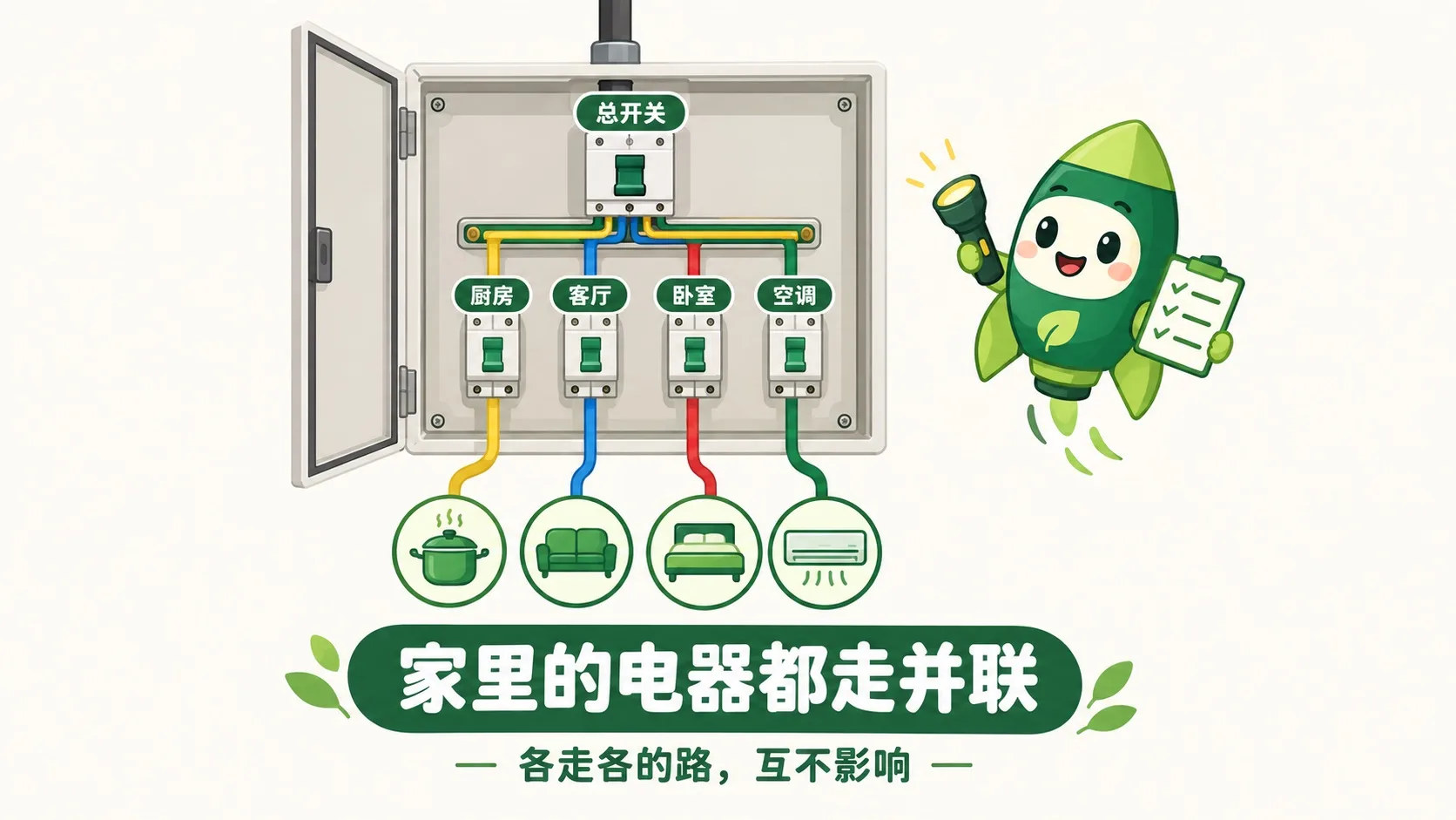 家庭配电箱：总线分成多条并联支路，各走各的