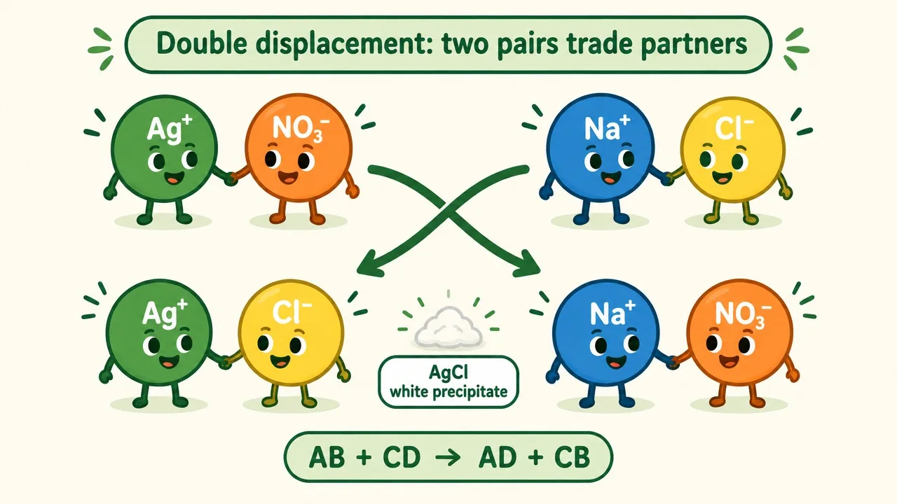 复分解：两队舞伴互换，Ag⁺ 与 Cl⁻ 结合成 AgCl