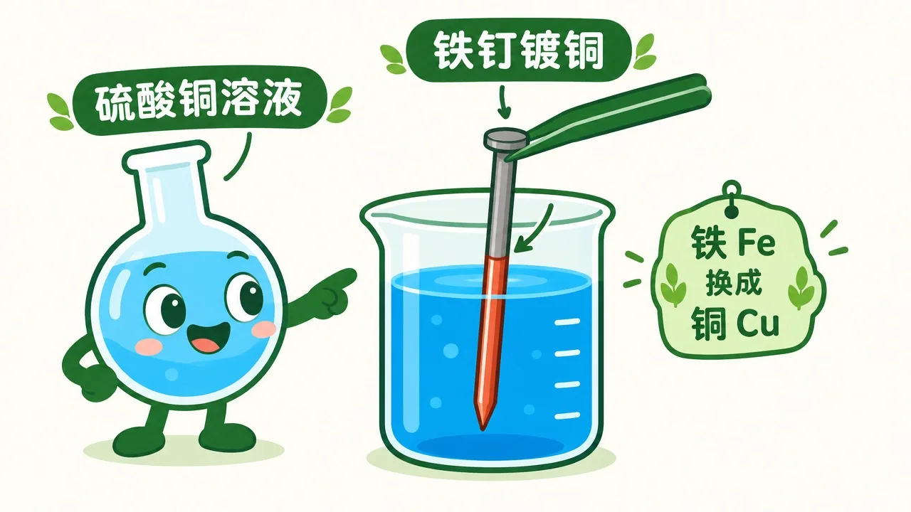 铁钉浸入硫酸铜溶液，表面镀上红色的铜