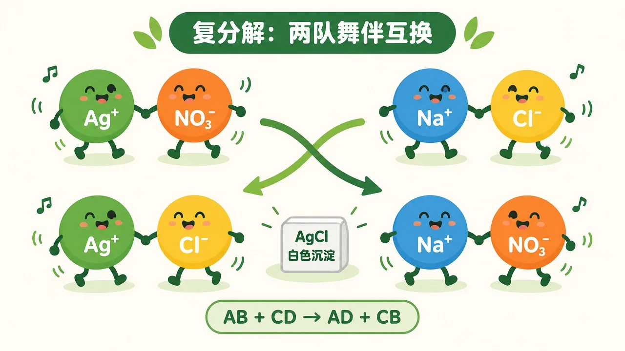 复分解：两队舞伴互换，Ag⁺ 与 Cl⁻ 结合成 AgCl
